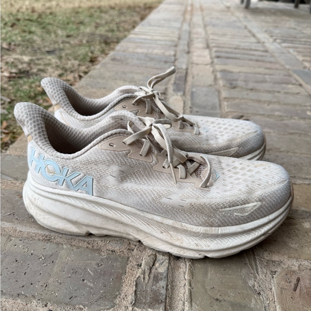 Hoka Cream and Blue Athletic Shoes